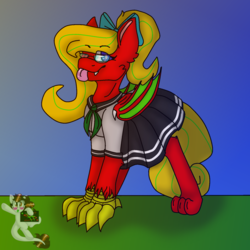 Size: 1600x1600 | Tagged: safe, artist:hell scratch, oc, oc only, oc:red smaragd, hippogriff, pony, solo, tongue out, watermark