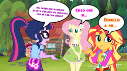 Size: 1280x720 | Tagged: safe, artist:wdfan74, fluttershy, sci-twi, sunset shimmer, twilight sparkle, equestria girls, g4, my little pony equestria girls: legend of everfree, camp everfree outfits, clothes, female, heart, heart print underwear, panties, spanish, underwear, wedgie, white underwear