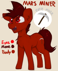 Size: 500x610 | Tagged: safe, artist:marsminer, oc, oc:mars miner, pony, male, red coat, red eyes, red mane, reference sheet, smiling, solo, standing