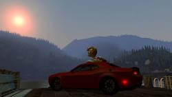 Size: 1280x720 | Tagged: safe, artist:sevenxninja, oc, oc only, oc:love biscuit, pony, 2018 dodge demon challenger, 3d, gmod, mountain, pier, scenery, solo, sun, sunset, water
