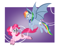 Size: 1280x1040 | Tagged: safe, artist:dippin-dott, pinkie pie, rainbow dash, bat pony, earth pony, hengstwolf, pegasus, pony, werewolf, g4, bat ponified, bat pony costume, clothes, costume, female, flying, gradient background, halloween, holiday, lesbian, looking at each other, mare, race swap, rainbowbat, ship:pinkiedash, shipping