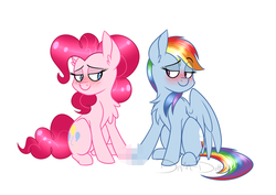 Size: 1280x908 | Tagged: safe, artist:dippin-dott, pinkie pie, rainbow dash, earth pony, pegasus, pony, g4, blushing, censored, chest fluff, female, holding hooves, hoof touching, lesbian, looking at each other, mare, ship:pinkiedash, shipping, simple background, sitting, smiling, unnecessary censorship, very fucking necessary censorship, white background