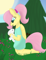 Size: 2550x3300 | Tagged: safe, artist:skyflys, angel bunny, fluttershy, rabbit, anthro, plantigrade anthro, g4, barefoot, clothes, cute, feet, female, filly, filly fluttershy, high res, oversized clothes, oversized shirt, ponytail, shirt, younger