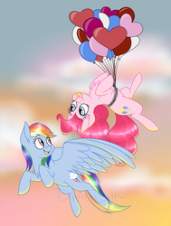 Size: 1280x1692 | Tagged: safe, artist:dippin-dott, pinkie pie, rainbow dash, earth pony, pony, g4, balloon, cloud, female, floating, flying, lesbian, looking at each other, ship:pinkiedash, shipping, smiling, spread wings, then watch her balloons lift her up to the sky, tongue out, wings