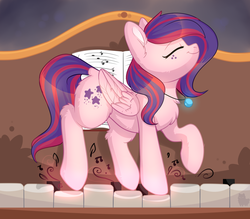 Size: 5700x5000 | Tagged: safe, artist:alphadesu, oc, oc only, pegasus, pony, :t, absurd resolution, chest fluff, cute, digital art, ear fluff, eyes closed, female, fluffy, folded wings, freckles, happy, jewelry, leg fluff, mare, music notes, musical instrument, necklace, ocbetes, pendant, piano, playing piano, raised hoof, raised leg, signature, smiling, solo, watermark, wing fluff, wings, ych result