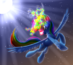 Size: 4000x3600 | Tagged: safe, artist:sweetbrew, rainbow dash, pony, g4, antlers, christmas, christmas lights, female, flying, holiday, lens flare, night, reindeer dash, rudolph dash, rudolph nose, solo, spread wings, wings