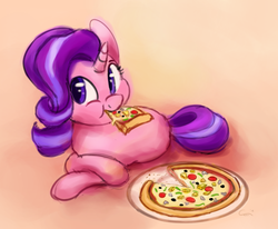 Size: 2720x2240 | Tagged: safe, artist:aemuhn, starlight glimmer, pony, unicorn, g4, cute, eating, female, food, glimmerbetes, herbivore, high res, lying down, mare, meat, mushroom, olive, peetzer, pepper, pepperoni, pineapple, pineapple pizza, pizza, plate, solo, that pony sure does love pineapple pizza, this will end in weight gain