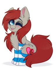 Size: 1024x1324 | Tagged: safe, artist:_spacemonkeyz_, oc, oc only, oc:ponepony, earth pony, pony, 2020 community collab, derpibooru community collaboration, blushing, clothes, cute, female, mare, moe, ocbetes, one eye closed, simple background, socks, solo, striped socks, tongue out, transparent background, wink