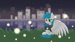 Size: 6803x3827 | Tagged: safe, artist:zylgchs, derpibooru exclusive, oc, oc only, oc:cynosura, firefly (insect), pegasus, pony, city, cityscape, clothes, dreamworks face, grass, hoodie, looking at you, looking back, looking back at you, night, reflection, sitting, solo, spread wings, vector, wallpaper, water, windswept mane, wings