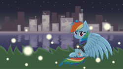 Size: 6803x3827 | Tagged: safe, alternate version, artist:zylgchs, derpibooru exclusive, rainbow dash, firefly (insect), pony, g4, city, cityscape, clothes, dreamworks face, female, grass, hoodie, looking at you, looking back, looking back at you, night, reflection, sitting, solo, spread wings, vector, wallpaper, water, windswept mane, wings