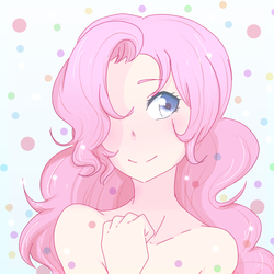 Size: 800x800 | Tagged: safe, artist:biscuitloveskitty, pinkie pie, human, g4, bare shoulders, female, hair over one eye, humanized, implied nudity, solo