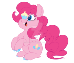 Size: 1023x869 | Tagged: safe, artist:pollyroid, pinkie pie, earth pony, pony, g4, balancing, cupcake, deviantart watermark, female, food, obtrusive watermark, ponies balancing stuff on their nose, simple background, solo, transparent background, watermark