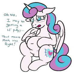 Size: 486x480 | Tagged: safe, artist:jargon scott, princess flurry heart, alicorn, pony, g4, adorable distress, belly button, chubby, cute, distressed, fat, featureless crotch, female, flurrybetes, glasses, implied princess cadance, mare, nerd, nerdy heart, older, older flurry heart, princess flabby heart, simple background, solo, white background