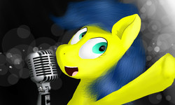Size: 1280x768 | Tagged: safe, oc, oc only, oc:color palette grape, earth pony, pony, blue mane, gradient background, looking up, microphone, singing, smiling, solo, turquoise eyes, yellow coat