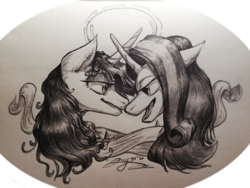 Size: 4160x3120 | Tagged: safe, artist:angusdra, starlight glimmer, twilight sparkle, alicorn, pony, unicorn, g4, female, lesbian, looking at each other, monochrome, ship:twistarlight, shipping, traditional art, twilight sparkle (alicorn)