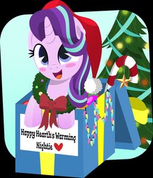 Size: 3531x4096 | Tagged: safe, artist:jhayarr23, starlight glimmer, pony, unicorn, g4, blushing, box, christmas, christmas tree, cute, female, gift art, glimmerbetes, hat, high res, holiday, pony in a box, present, santa hat, solo, tree