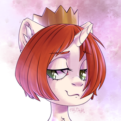 Size: 3000x3000 | Tagged: safe, artist:hollybright, oc, oc only, oc:etoz, pony, unicorn, bust, crown, female, food, green eyes, high res, jewelry, mare, orange, regalia, smiling, smirk