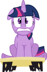 Size: 5859x9020 | Tagged: artist needed, safe, derpibooru exclusive, twilight sparkle, pony, unicorn, g4, lesson zero, absurd resolution, female, floppy ears, mare, nervous, sitting, solo, table, unicorn twilight, vector