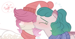 Size: 1301x676 | Tagged: safe, artist:harusocoma, oc, oc only, earth pony, pony, base used, clothes, female, kissing, male, mare, oc x oc, scarf, shipping, stallion, straight, winter hat