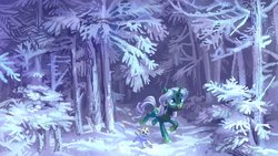 Size: 2067x1166 | Tagged: safe, artist:holivi, oc, oc only, pony, unicorn, commission, female, forest, open mouth, scenery, snow, tree, winter