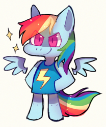 Size: 676x814 | Tagged: safe, artist:cappydarn, rainbow dash, pegasus, pony, semi-anthro, g4, arm hooves, clothes, female, floating wings, hooves on hips, simple background, solo, white background