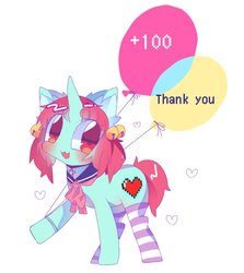 Size: 768x862 | Tagged: safe, artist:lavender_1227, oc, oc only, pony, unicorn, :3, balloon, bells, clothes, ear fluff, simple background, socks, striped socks, white background