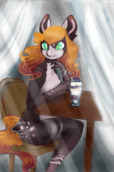 Size: 700x1052 | Tagged: source needed, safe, artist:jerraldina, oc, oc only, oc:alice, anthro, anthro oc, big ears, breasts, cutie mark, ear fluff, food, green eyes, ice cream, pale belly, solo, table