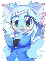 Size: 768x1024 | Tagged: safe, artist:lavender_1227, oc, oc only, pegasus, anthro, :3, arm hooves, bandeau, blushing, breasts, cleavage, clothes, cute, cute little fangs, ear fluff, fangs, female, hooves on hips, looking at you, shirt, simple background, solo, white background
