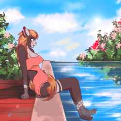 Size: 1700x1700 | Tagged: source needed, safe, artist:meowless, oc, oc only, oc:alice, anthro, plantigrade anthro, anthro oc, big ears, blushing, breasts, clothes, cutie mark, feet, female, green eyes, one-piece swimsuit, open-back swimsuit, reflection, solo, sunshine, swimsuit, water