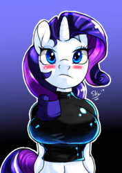 Size: 3508x4961 | Tagged: safe, artist:skyart301, rarity, unicorn, anthro, g4, belly button, big breasts, blushing, breasts, busty rarity, clothes, female, midriff, shirt, solo
