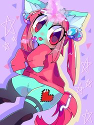 Size: 768x1024 | Tagged: safe, artist:lavender_1227, oc, oc only, pony, unicorn, :3, abstract background, bells, big eyes, candy, clothes, ear fluff, food, glowing horn, horn, lollipop, magic, socks, solo, sweater, telekinesis, thigh highs, tongue out