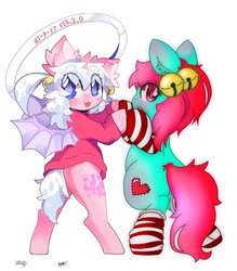 Size: 1050x1200 | Tagged: safe, artist:lavender_1227, oc, oc only, pony, :3, bat wings, bells, bipedal, clothes, duo, ear fluff, looking at you, looking back, looking back at you, simple background, socks, striped socks, sweater, white background, wings