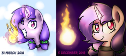 Size: 2304x1024 | Tagged: safe, artist:sugar morning, oc, oc only, oc:flashy stomp, pony, unicorn, bust, comparison, draw this again, female, fire, grin, magic, mare, portrait, redraw, ribbon, sky, smiling