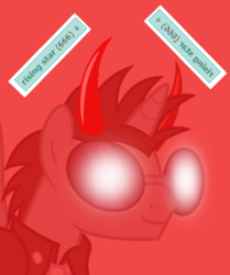 Size: 251x300 | Tagged: safe, neon lights, rising star, pony, unicorn, derpibooru, g4, 666, bust, devil horns, glowing eyes, glowing eyes meme, horn, male, meta, portrait, smiling, solo, stallion, sunglasses, tags, text