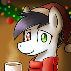 Size: 1024x1024 | Tagged: safe, artist:sugar morning, oc, oc only, oc:slipstream, pony, bust, chocolate, christmas, clothes, cute, decoration, drink, food, happy hearth's warming, hat, hearth's warming, hearth's warming eve, heterochromia, holiday, hot chocolate, hot coco, male, merry christmas, mug, portrait, santa hat, scarf, smiling, solo, stallion, sweet, warm