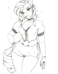 Size: 1636x2087 | Tagged: safe, artist:longinius, rarity, unicorn, anthro, g4, big breasts, breasts, choker, cleavage, clothes, ear piercing, earring, female, hand on hip, hips, jewelry, looking at you, mare, monochrome, piercing, shorts, simple background, sketch, solo, thighs, tight clothing, white background, wide hips