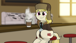 Size: 1920x1080 | Tagged: safe, artist:ljdamz1119, march gustysnows, earth pony, pony, g4, clothes, coffee, cute, female, hat, mare, smiling, solo, ushanka