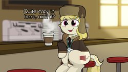 Size: 1920x1080 | Tagged: safe, artist:ljdamz1119, march gustysnows, pony, g4, clothes, coat, coffee, cute, dialogue, female, hat, mare, sitting, solo, ushanka