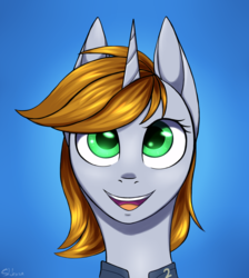 Size: 2073x2310 | Tagged: safe, artist:shkura2011, oc, oc only, oc:littlepip, pony, unicorn, fallout equestria, blue background, bust, clothes, fanfic, fanfic art, female, gradient background, high res, horn, jumpsuit, looking at you, mare, open mouth, portrait, simple background, solo, teeth, vault suit