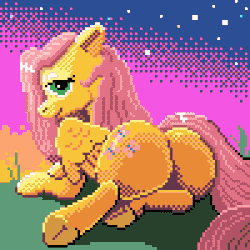Size: 400x400 | Tagged: safe, artist:capt_hairball, fluttershy, pegasus, pony, g4, animated, blinking, butt, female, gif, grass, looking over shoulder, mare, pixel art, plot, simple background, smiling, solo