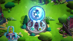 Size: 1530x860 | Tagged: safe, gameloft, starlight glimmer, pony, unicorn, g4, school raze, amulet, amulet of aurora, clover the clever's cloak, crown, crown of grover, female, fountain, game screencap, jewelry, magic, magic circle, mare, not actual gameplay, regalia, solo, talisman of mirage, trailer, trapped