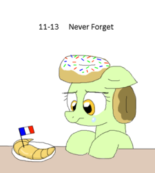 Size: 485x540 | Tagged: safe, artist:askdonutstoles, oc, oc only, oc:donut stoles, earth pony, pony, tumblr:ask donut stoles, bread, croissant, crying, female, flag, floppy ears, food, france, looking at something, mare, never forget, plate, sad, simple background, solo, stand with paris, white background