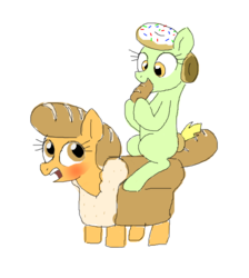 Size: 574x642 | Tagged: safe, artist:askdonutstoles, oc, oc only, oc:bread pony, oc:donut stoles, bread pony, earth pony, food pony, original species, pony, tumblr:ask donut stoles, blushing, bread costume, clothes, costume, donut stoles riding bread pony, duo, eating, embarrassed, female, food, food costume, looking back, mare, open mouth, ponies riding ponies, ponified, riding, simple background, sitting, smiling, white background
