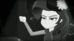 Size: 680x382 | Tagged: safe, screencap, rarity, equestria girls, g4, my little pony equestria girls: better together, rarity investigates: the case of the bedazzled boot, rarity investigates: the case of the bedazzled boot: applejack, animated, detective rarity, female, gif, monochrome, noir, out of context, solo