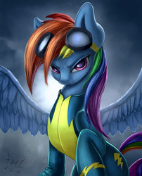 Size: 2100x2600 | Tagged: safe, artist:foughtdragon01, rainbow dash, pegasus, pony, g4, clothes, female, goggles, high res, looking at you, mare, solo, uniform, wonderbolts uniform