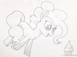 Size: 2928x2167 | Tagged: safe, artist:adjierakapangestu, pinkie pie, earth pony, pony, g4, cupcake, female, food, high res, jumping, solo, traditional art