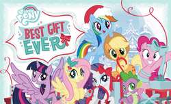 Size: 1182x720 | Tagged: safe, fluttershy, pinkie pie, rainbow dash, rarity, spike, twilight sparkle, alicorn, pony, g4, my little pony best gift ever, official, bow, christmas, hat, holiday, holly, present, santa hat, twilight sparkle (alicorn)