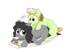 Size: 829x590 | Tagged: safe, artist:askdonutstoles, oc, oc only, oc:donut stoles, oc:nikita, earth pony, pony, tumblr:ask donut stoles, biting, donut, drool, duo, ear bite, eating, female, food, looking back, mare, nibbling, onomatopoeia, prone, simple background, smiling, white background