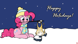 Size: 1920x1080 | Tagged: safe, artist:ljdamz1119, pinkie pie, earth pony, pony, g4, beanie, campfire, clothes, female, fire, food, hat, mare, marshmallow, scarf, sitting, smiling, snow, snowfall, solo, stick, tumblr, tumblr 2018 nsfw purge, winter outfit