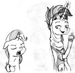 Size: 1865x1795 | Tagged: safe, artist:someguy458, hoo'far, trixie, pony, saddle arabian, g4, amused, eyes closed, food, missing accessory, open mouth, rough sketch, sketch, smiling, stain, tea, traditional art, trixie is not amused, unamused